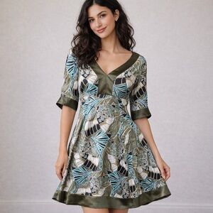 Banana Republic Silk Flare Babydoll Classic Fairy Botanical Oversized Dress Sz 2